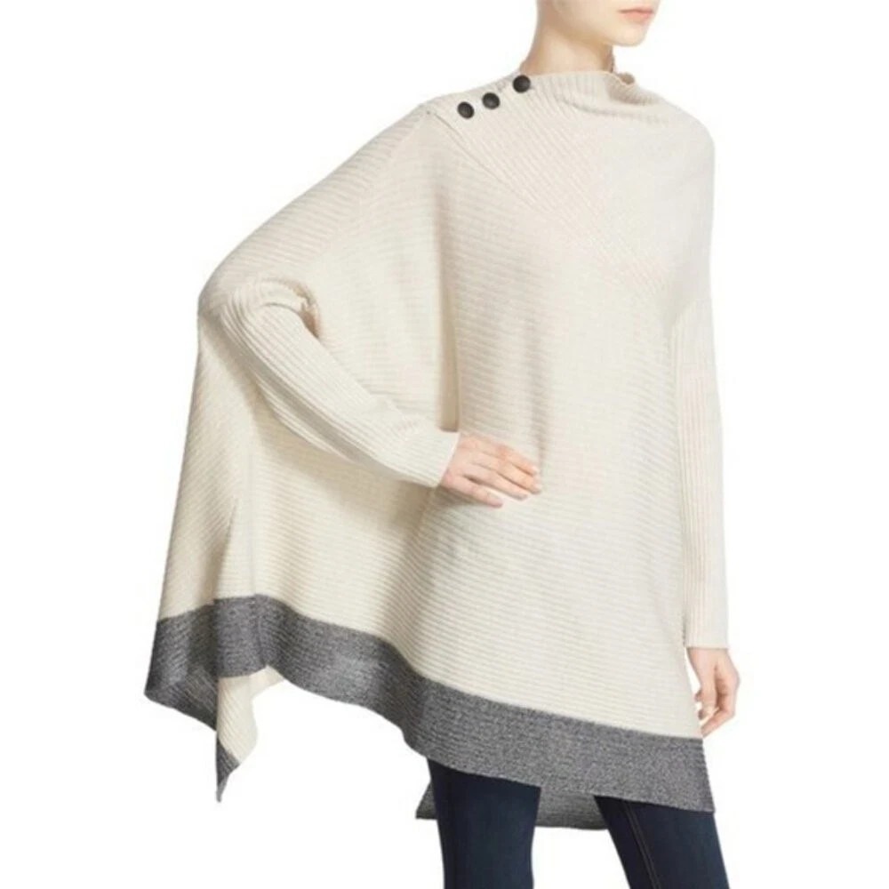 RAG & BONE $398 Reanna Blue Black Rib Knit‎ Asymmetrical Pullover Poncho Size M